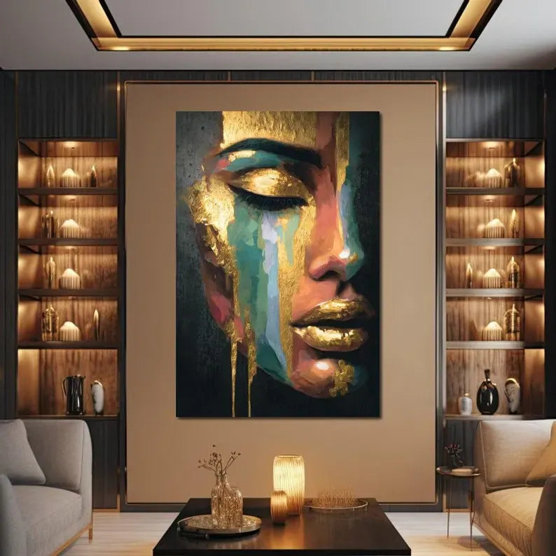 Abstract Female Portrait Painting – Luxury Gold Canvas Wall Art#yy710014