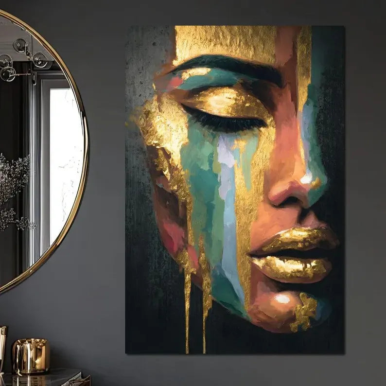 Abstract Female Portrait Painting – Luxury Gold Canvas Wall Art#yy710014