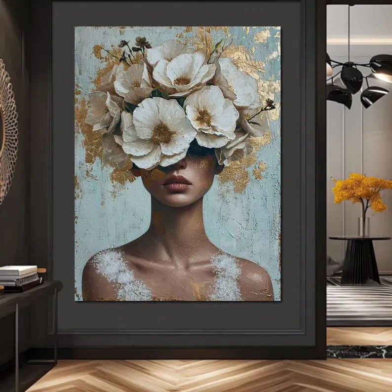 Floral Woman Portrait Painting – Luxury Botanical Canvas Wall Art#yy710015