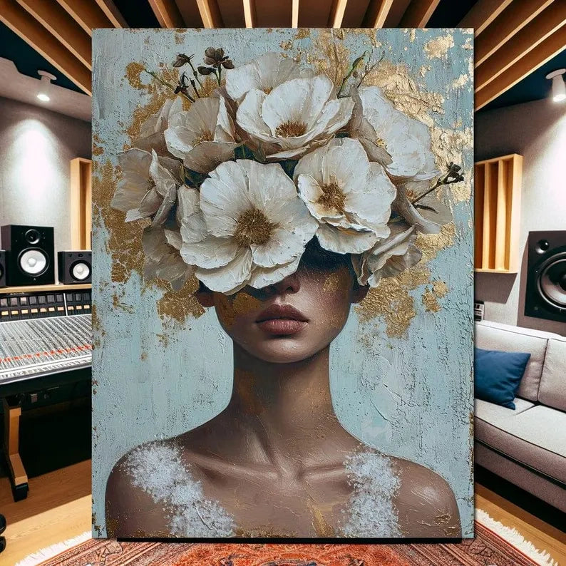 Floral Woman Portrait Painting – Luxury Botanical Canvas Wall Art#yy710015
