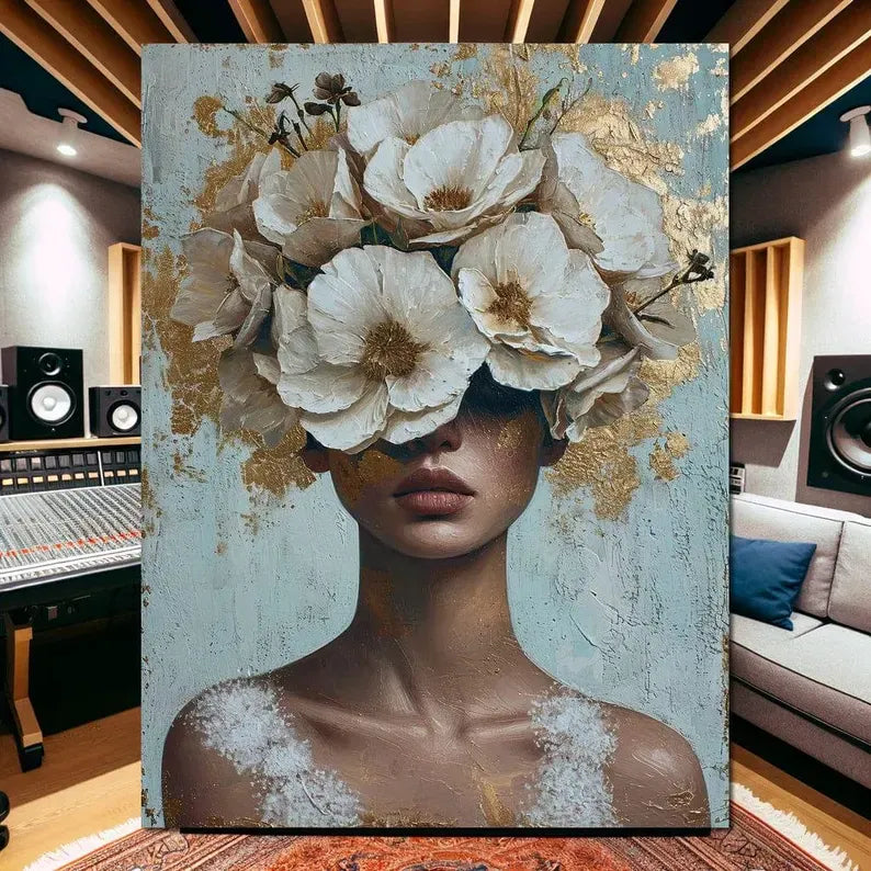 texture Floral Woman Portrait Painting – Luxury Botanical Canvas Wall Art#yy710015