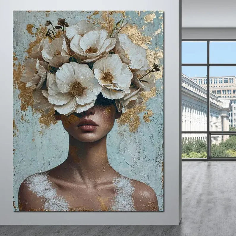 Floral Woman Portrait Painting – Luxury Botanical Canvas Wall Art#yy710015