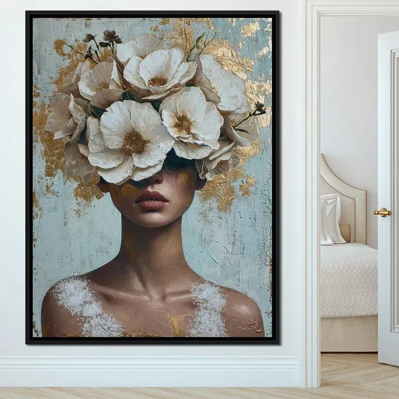 Floral Woman Portrait Painting – Luxury Botanical Canvas Wall Art#yy710015
