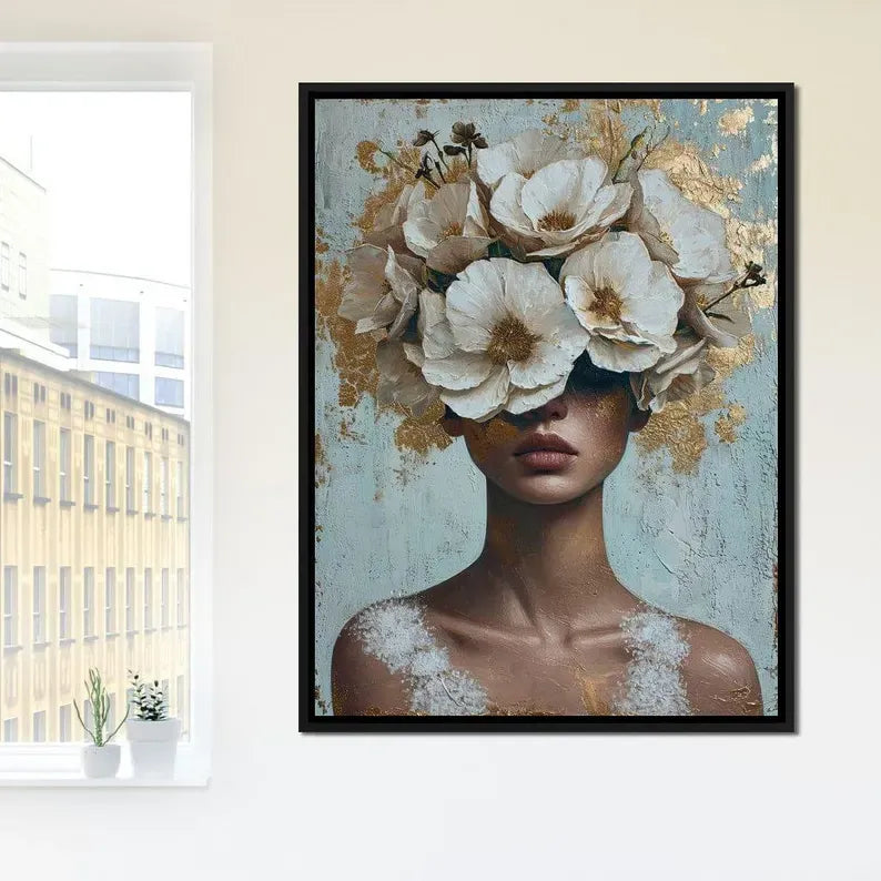 Floral Woman Portrait Painting – Luxury Botanical Canvas Wall Art#yy710015