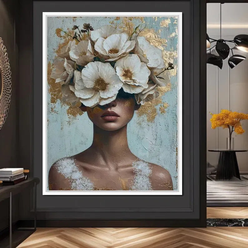 Floral Woman Portrait Painting – Luxury Botanical Canvas Wall Art#yy710015