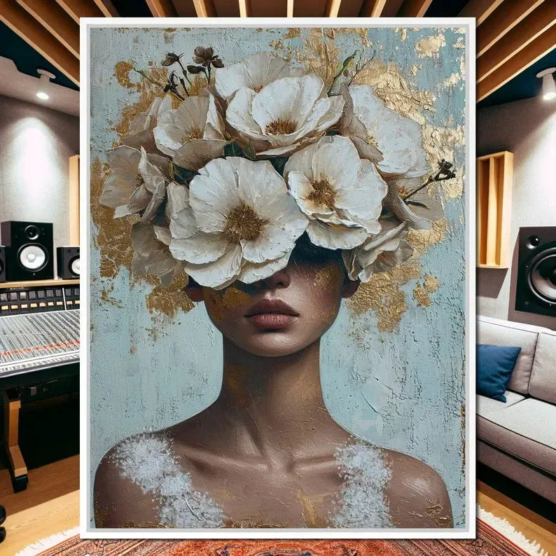 Floral Woman Portrait Painting – Luxury Botanical Canvas Wall Art#yy710015