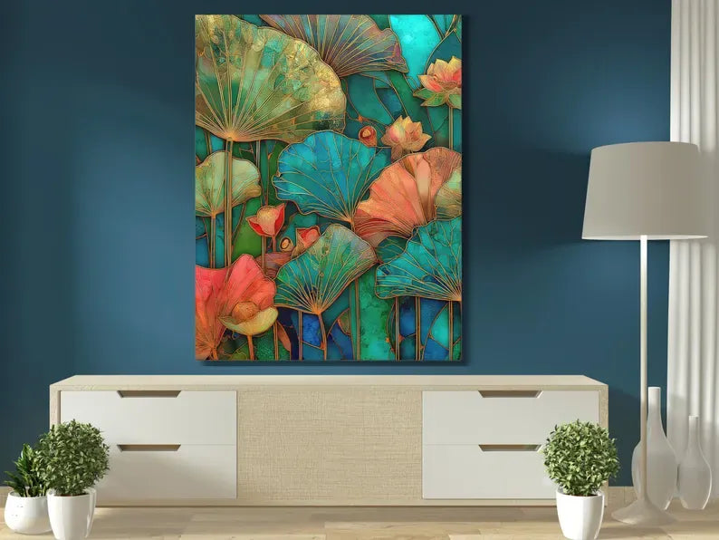 Lotus Leaf Painting – Luxury Botanical Canvas Wall Art#yy710034