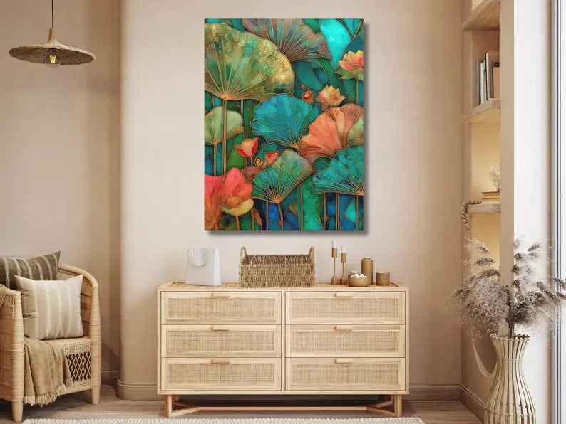 Lotus Leaf Painting – Luxury Botanical Canvas Wall Art#yy710034
