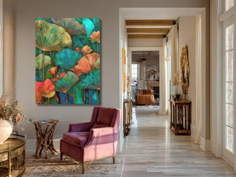 Lotus Leaf Painting – Luxury Botanical Canvas Wall Art#yy710034