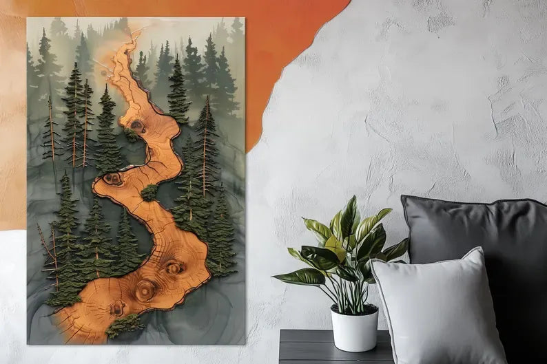 Forest River Painting – Rustic Nature Canvas Wall Art#yy710035