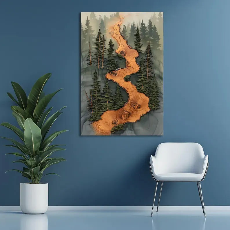 Forest River Painting – Rustic Nature Canvas Wall Art#yy710035