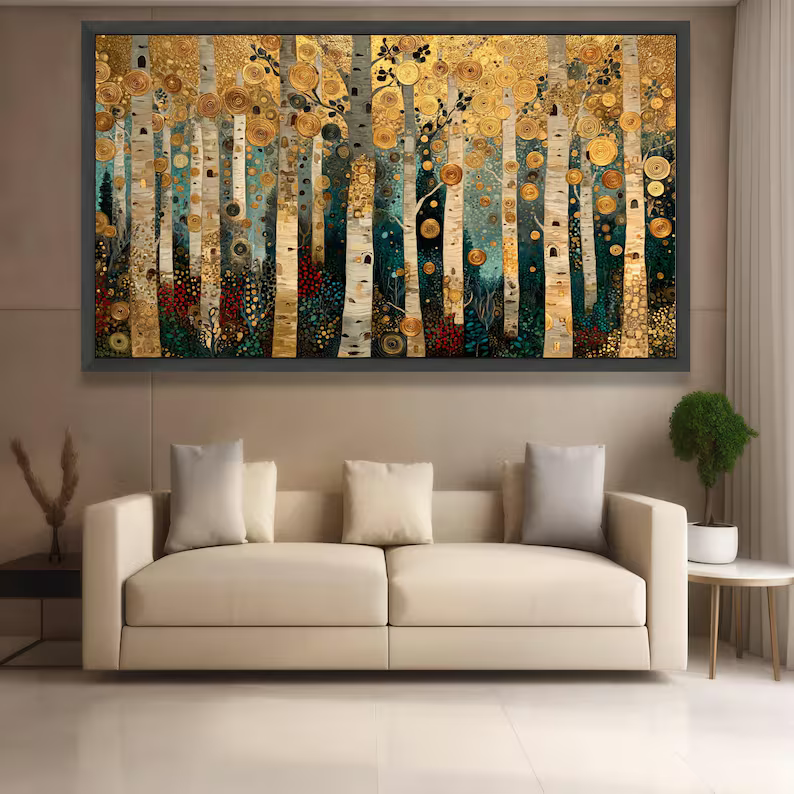 Golden Birch Forest Painting – Luxury Nature Canvas Wall Art#yy710018
