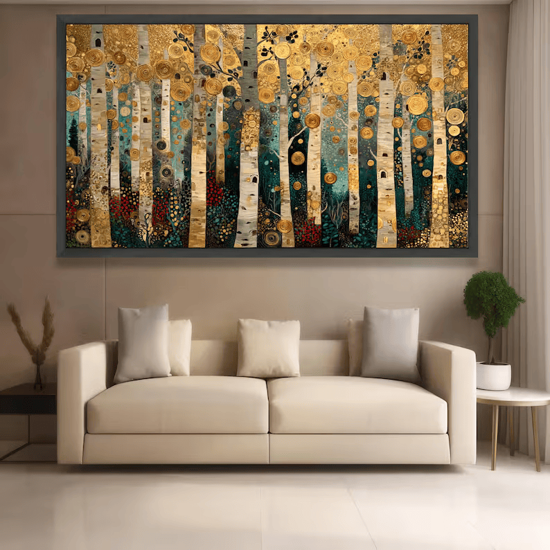 Golden Birch Forest Painting – Luxury Nature Canvas Wall Art#yy710018