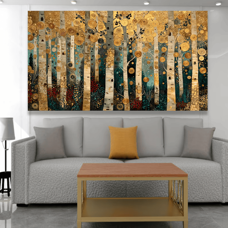 Golden Birch Forest Painting – Luxury Nature Canvas Wall Art#yy710018