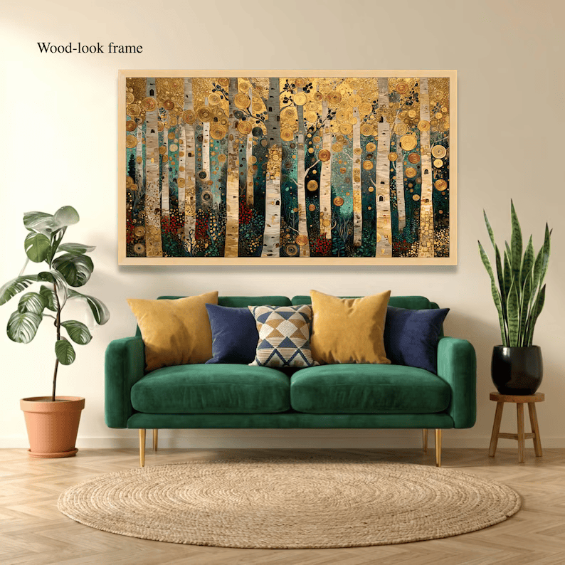 Golden Birch Forest Painting – Luxury Nature Canvas Wall Art#yy710018