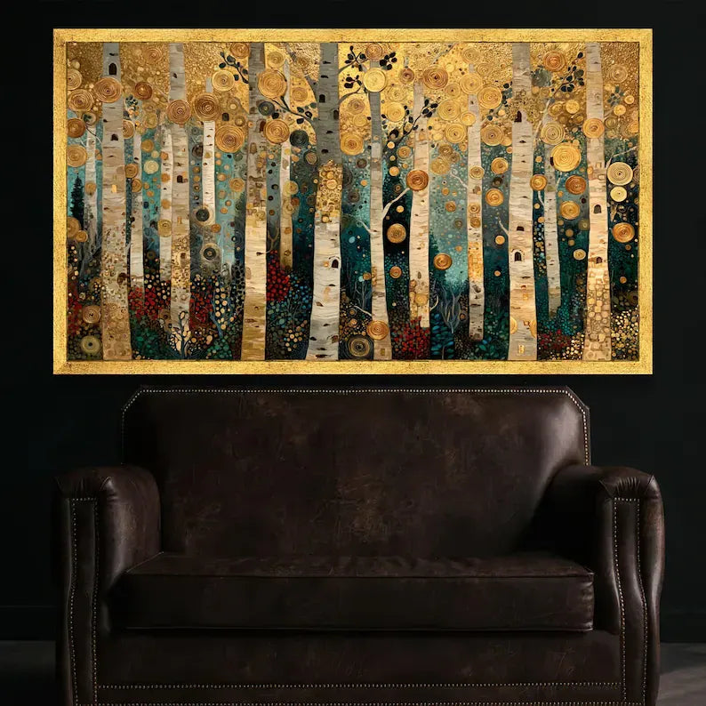 Golden Birch Forest Painting – Luxury Nature Canvas Wall Art#yy710018