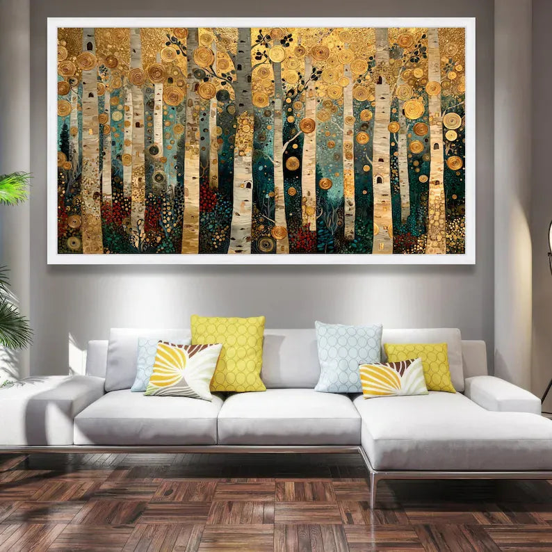 Golden Birch Forest Painting – Luxury Nature Canvas Wall Art#yy710018