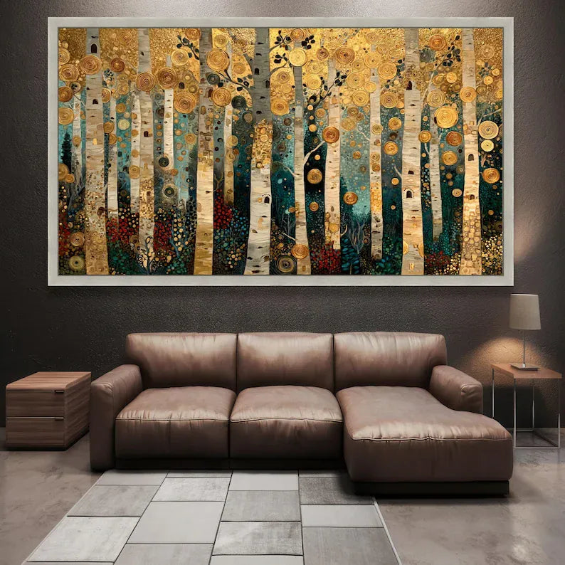 Golden Birch Forest Painting – Luxury Nature Canvas Wall Art#yy710018