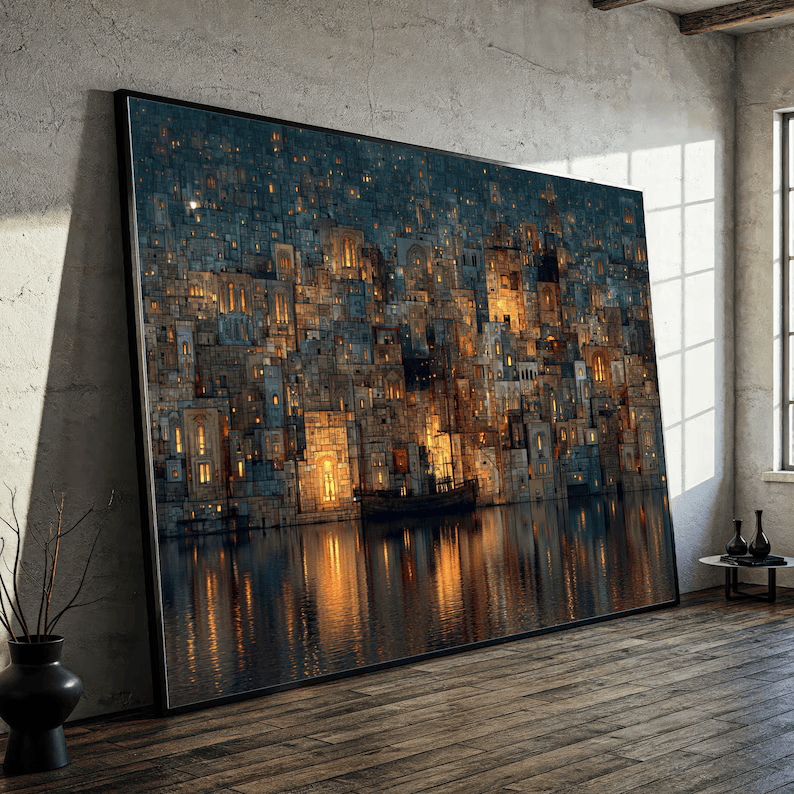 Night Cityscape Painting – Modern Urban Landscape Canvas Wall Art#yy710020