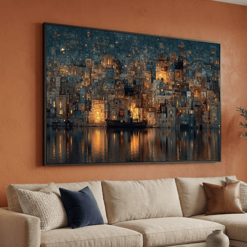 Night Cityscape Painting – Modern Urban Landscape Canvas Wall Art#yy710020