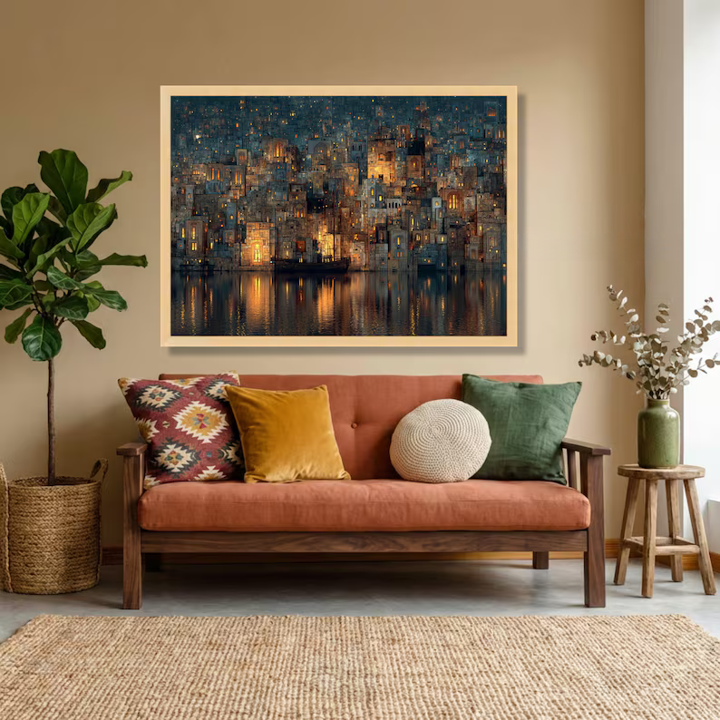 Night Cityscape Painting – Modern Urban Landscape Canvas Wall Art#yy710020