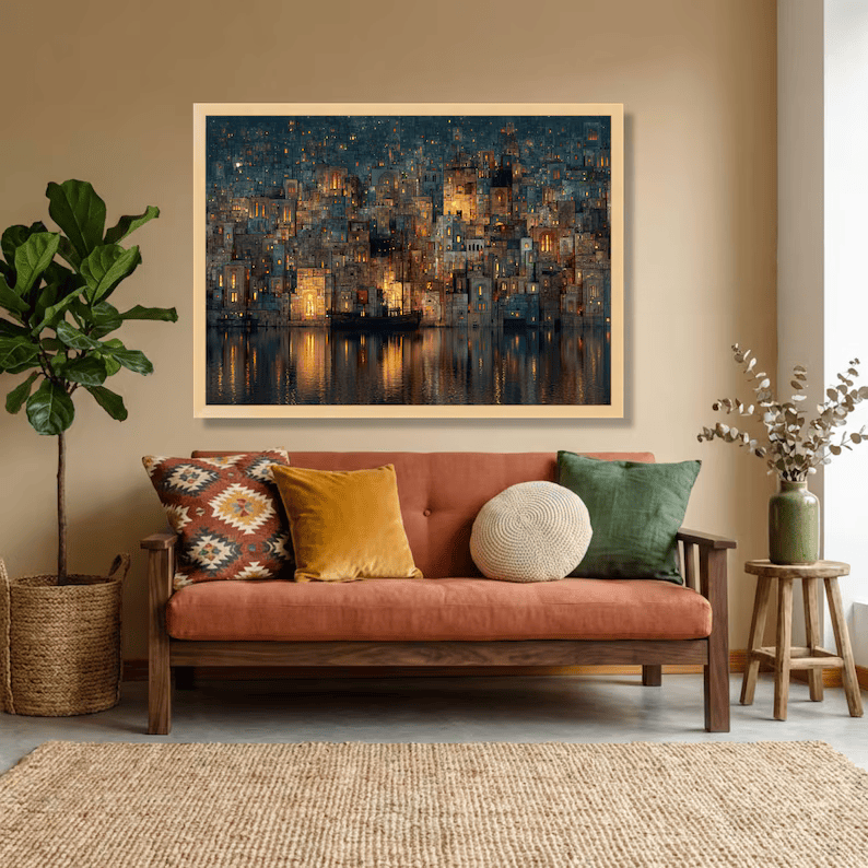Night Cityscape Painting – Modern Urban Landscape Canvas Wall Art#yy710020