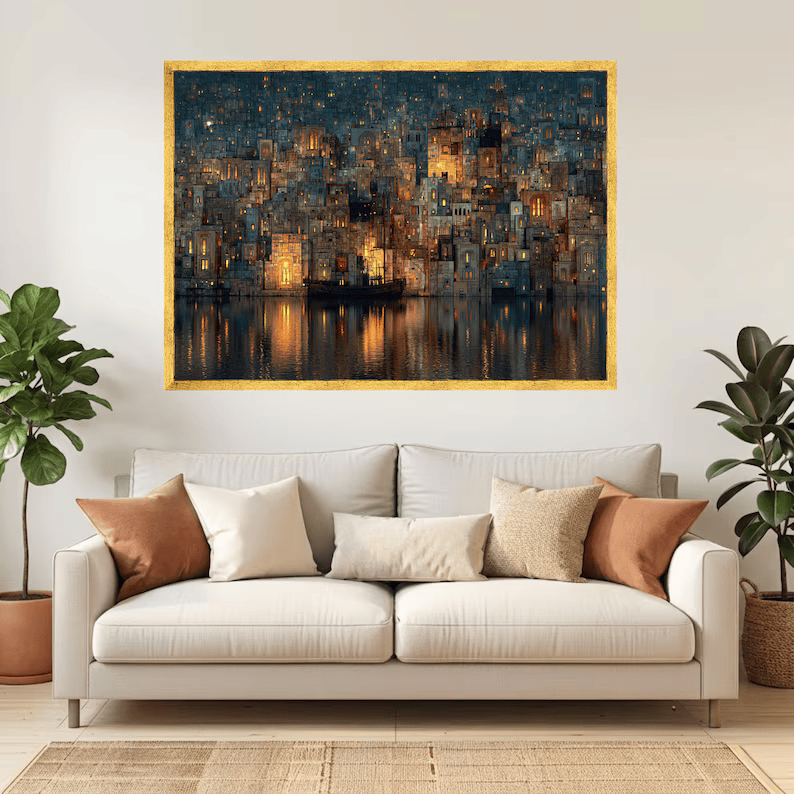 Night Cityscape Painting – Modern Urban Landscape Canvas Wall Art#yy710020