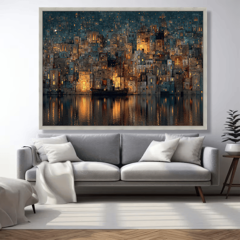 Night Cityscape Painting – Modern Urban Landscape Canvas Wall Art#yy710020