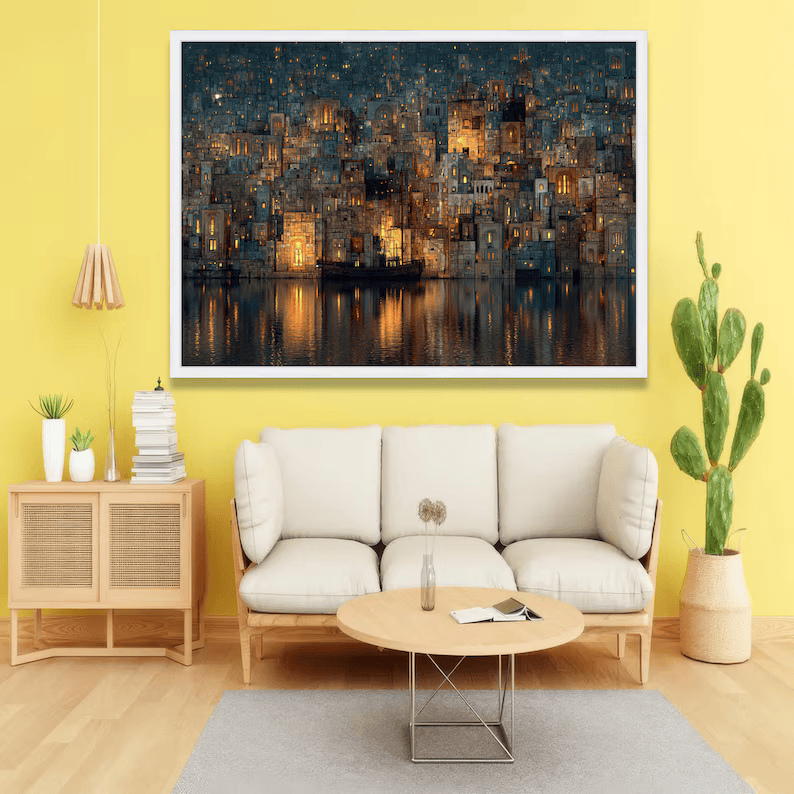 Night Cityscape Painting – Modern Urban Landscape Canvas Wall Art#yy710020