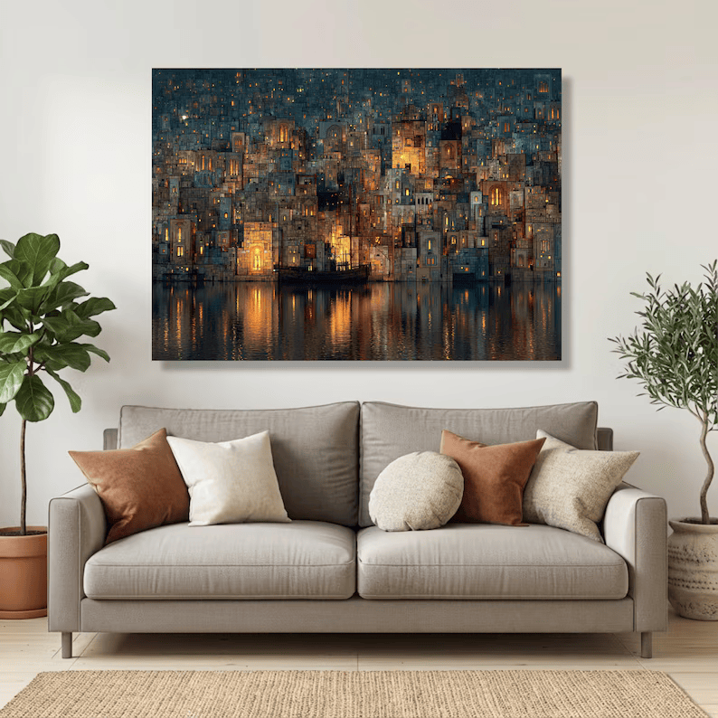 Night Cityscape Painting – Modern Urban Landscape Canvas Wall Art#yy710020