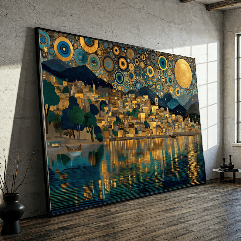 Golden Lake Village Painting – Luxury Landscape Canvas Wall Art#yy710022