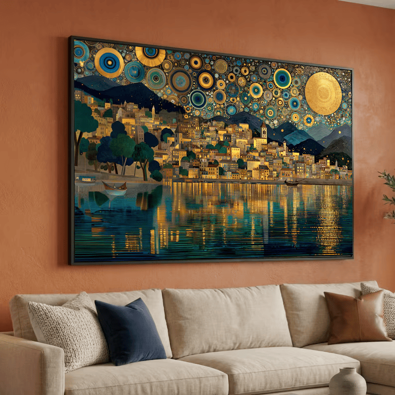 Golden Lake Village Painting – Luxury Landscape Canvas Wall Art#yy710022