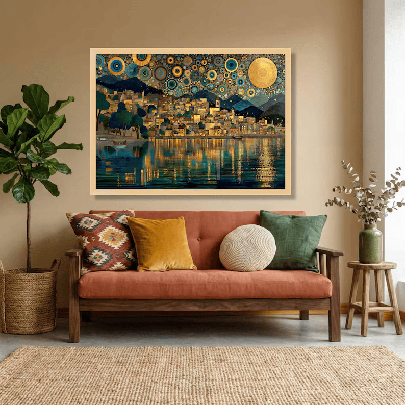 Golden Lake Village Painting – Luxury Landscape Canvas Wall Art#yy710022