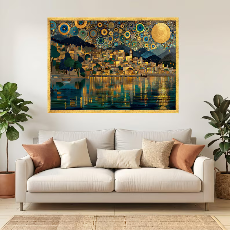 Golden Lake Village Painting – Luxury Landscape Canvas Wall Art#yy710022
