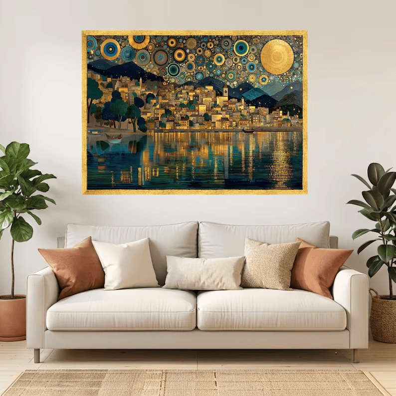 Golden Lake Village Painting – Luxury Landscape Canvas Wall Art#yy710022