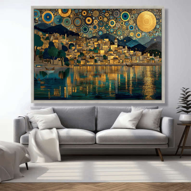 Golden Lake Village Painting – Luxury Landscape Canvas Wall Art#yy710022