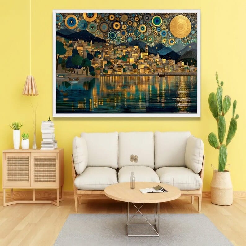 Golden Lake Village Painting – Luxury Landscape Canvas Wall Art#yy710022