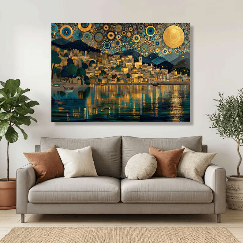 Golden Lake Village Painting – Luxury Landscape Canvas Wall Art#yy710022