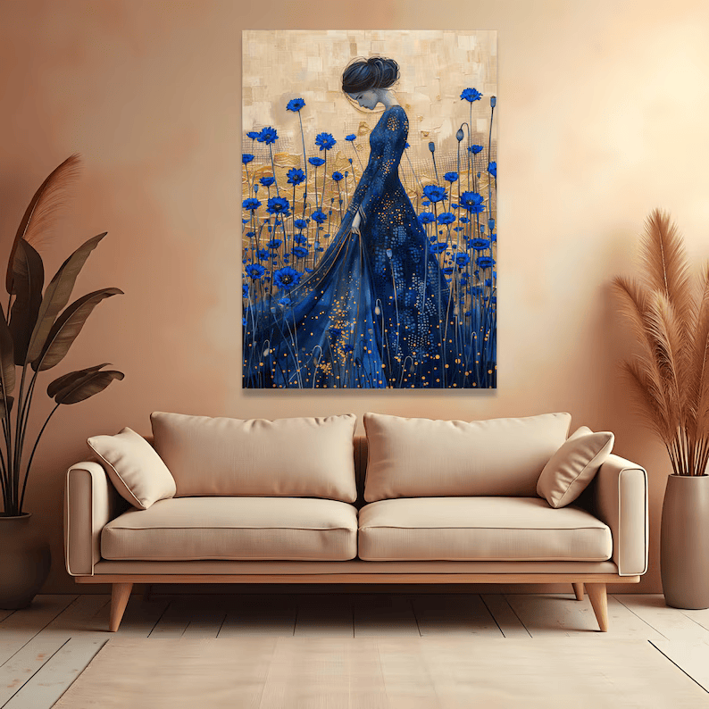 Blue Floral Woman Painting – Luxury Botanical Portrait Wall Art#yy710036