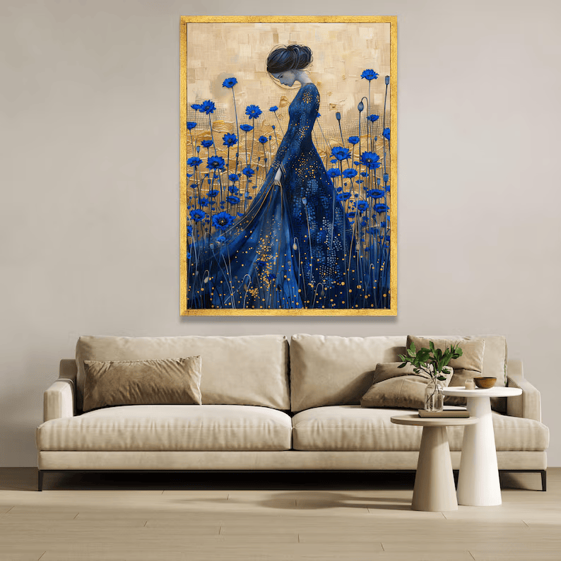 Blue Floral Woman Painting – Luxury Botanical Portrait Wall Art#yy710036