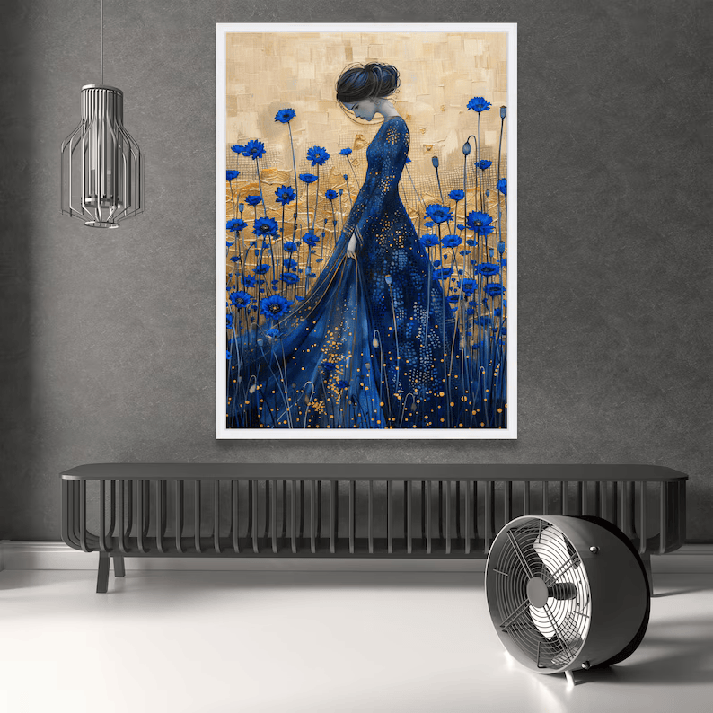 Blue Floral Woman Painting – Luxury Botanical Portrait Wall Art#yy710036