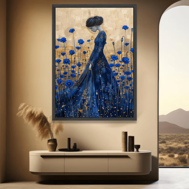 Blue Floral Woman Painting – Luxury Botanical Portrait Wall Art#yy710036