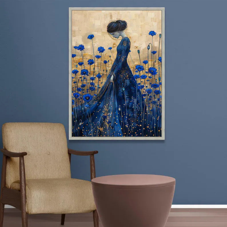 Blue Floral Woman Painting – Luxury Botanical Portrait Wall Art#yy710036