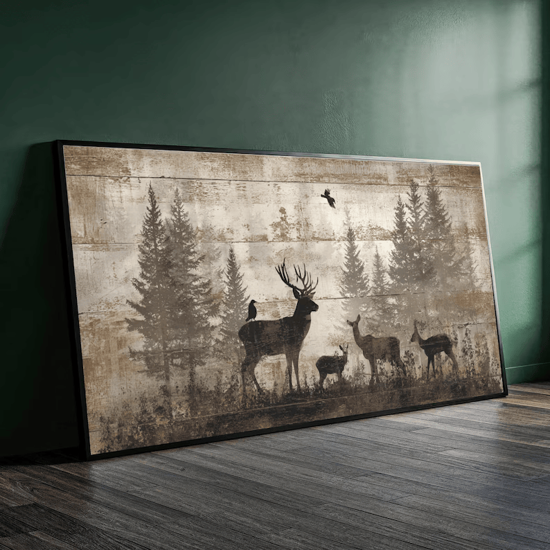 Deer Forest Painting – Rustic Wildlife Canvas Wall Art#yy710024