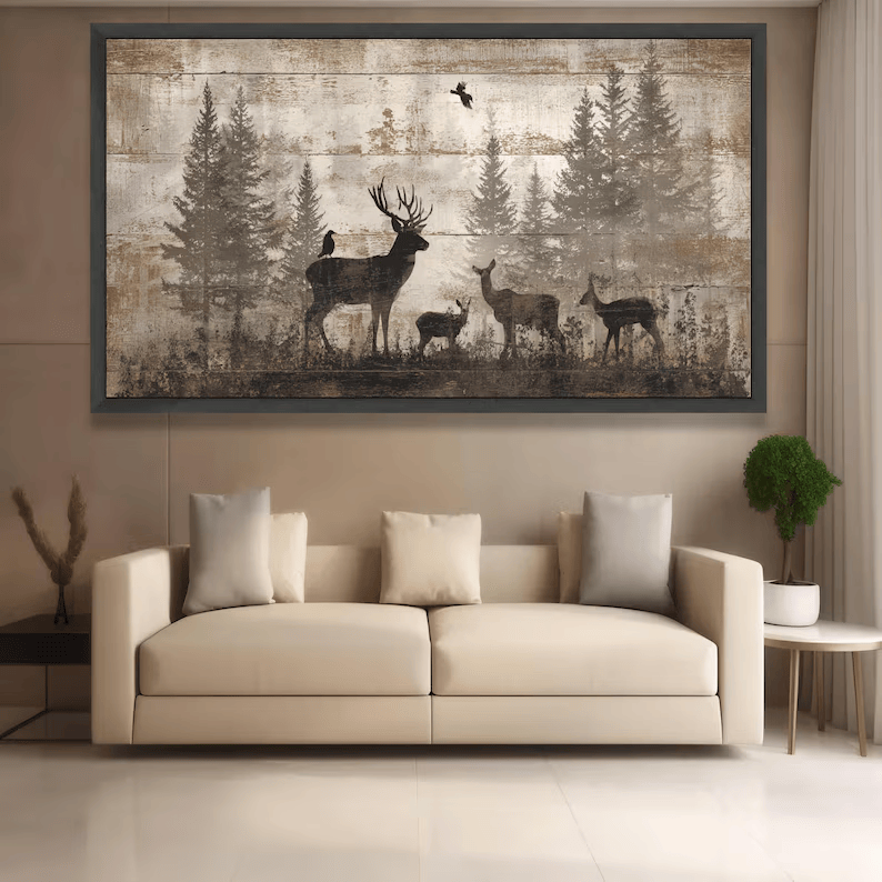 Deer Forest Painting – Rustic Wildlife Canvas Wall Art#yy710024