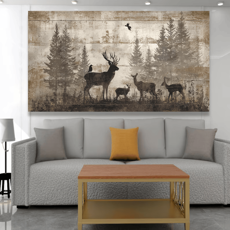 Deer Forest Painting – Rustic Wildlife Canvas Wall Art#yy710024