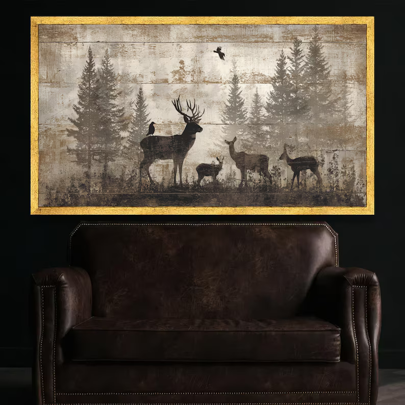 Deer Forest Painting – Rustic Wildlife Canvas Wall Art#yy710024
