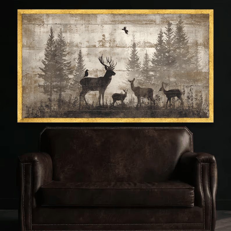 Deer Forest Painting – Rustic Wildlife Canvas Wall Art#yy710024