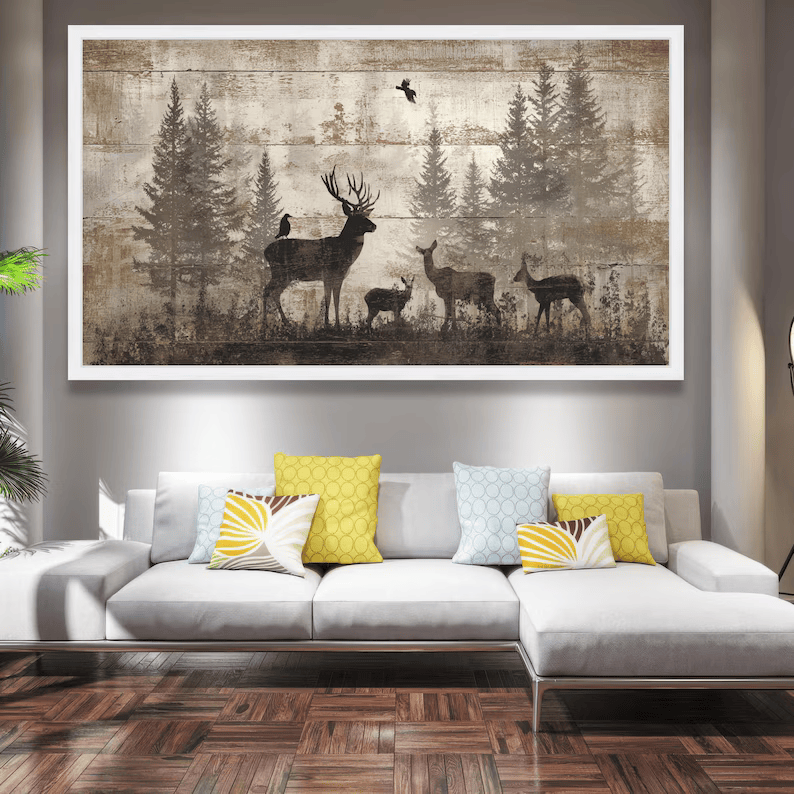 Deer Forest Painting – Rustic Wildlife Canvas Wall Art#yy710024