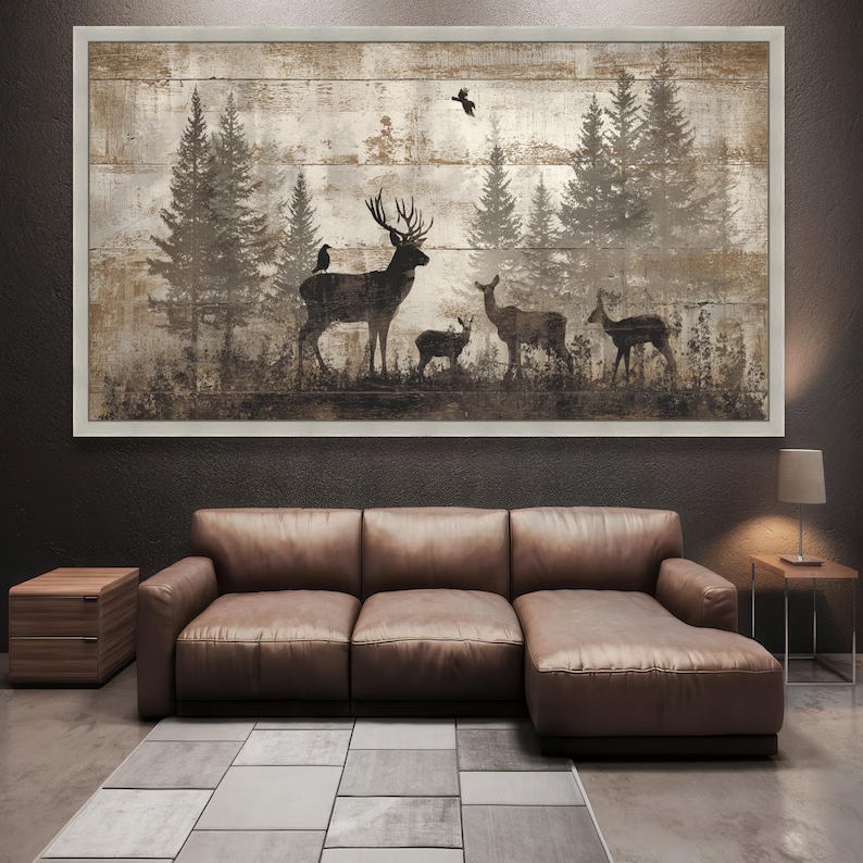 Deer Forest Painting – Rustic Wildlife Canvas Wall Art#yy710024